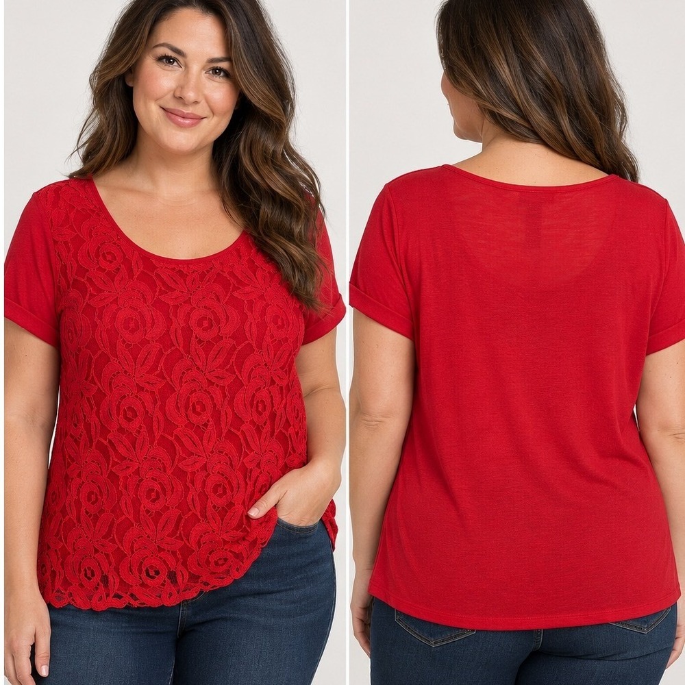 Style & Co Red Floral Lace Overlay Top Short Sleeve Scoop Neck XL NWT Vintage